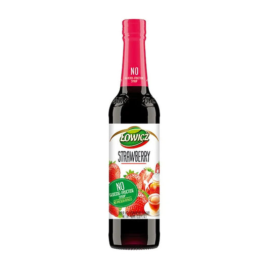 Bottle of Strawberry syrup with a red cap on a white background