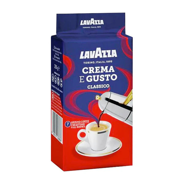 Lavazza coffee packaging with a red and blue design on a white background