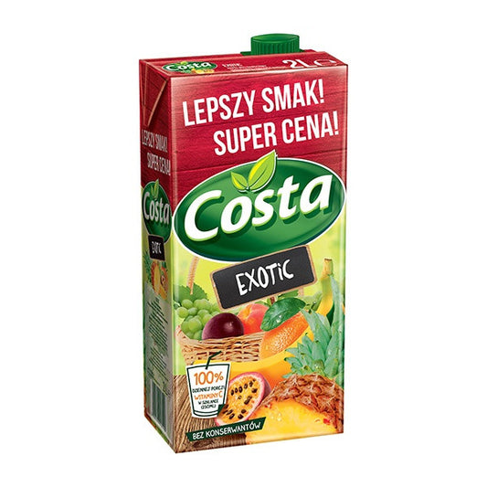 Costa Exotic juice box with fruit illustration on a white background