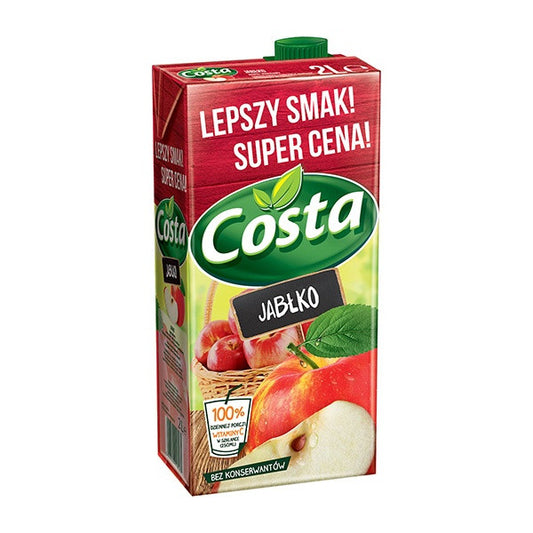 Red carton of Costa apple juice with green lid on a white background