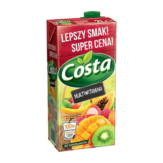 Costa brand juice box with fruit illustration and text on a white background