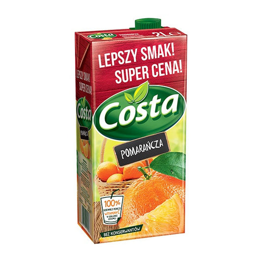 Costa orange juice box with text and orange graphics on a white background
