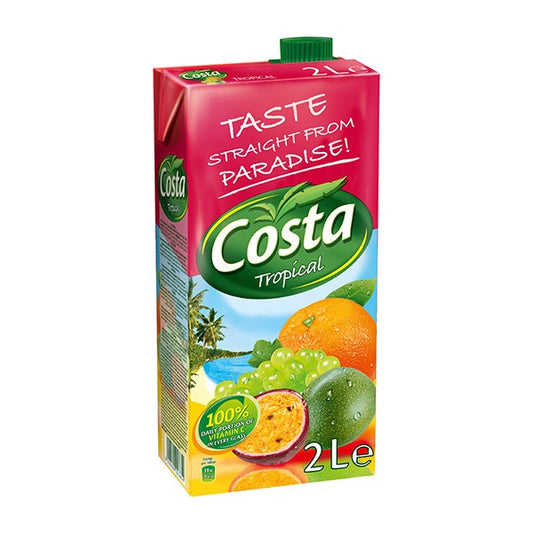 Costa Tropical juice box with fruits on a white background