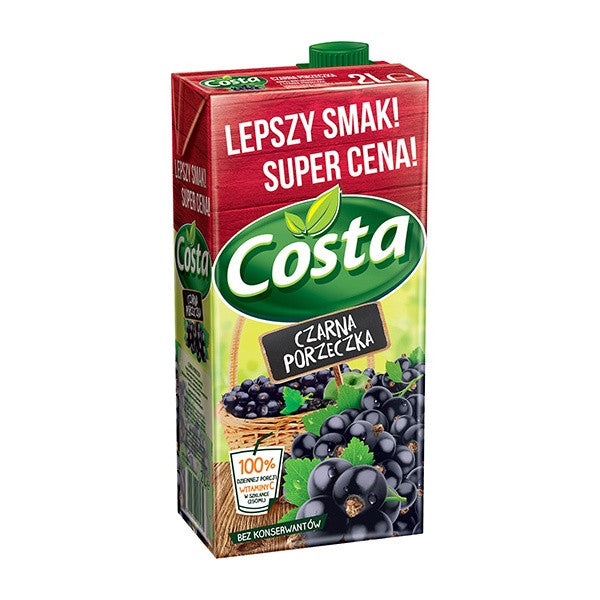 Costa black currant juice box with red label and green accents on a white background