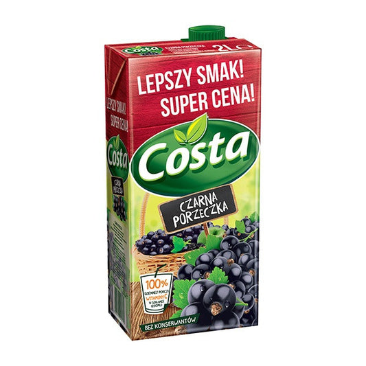 Costa black currant juice box with red label and green accents on a white background
