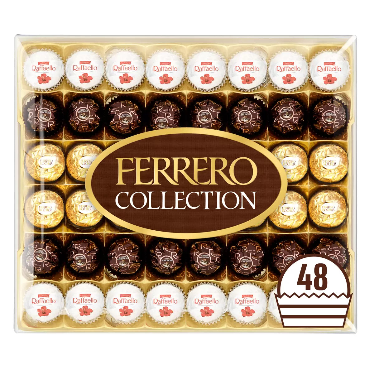 Ferrero Rocher chocolate collection in a box with Ferrero logo