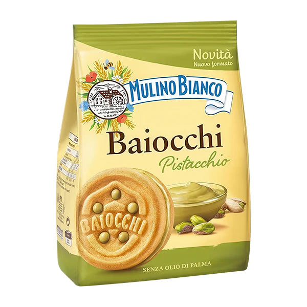 Mulino Bianco Baiocchi Pistacchio cookie package on a white background