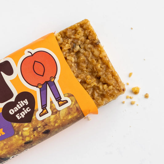 Oat bar with 'Oatily Epic' packaging on a white background