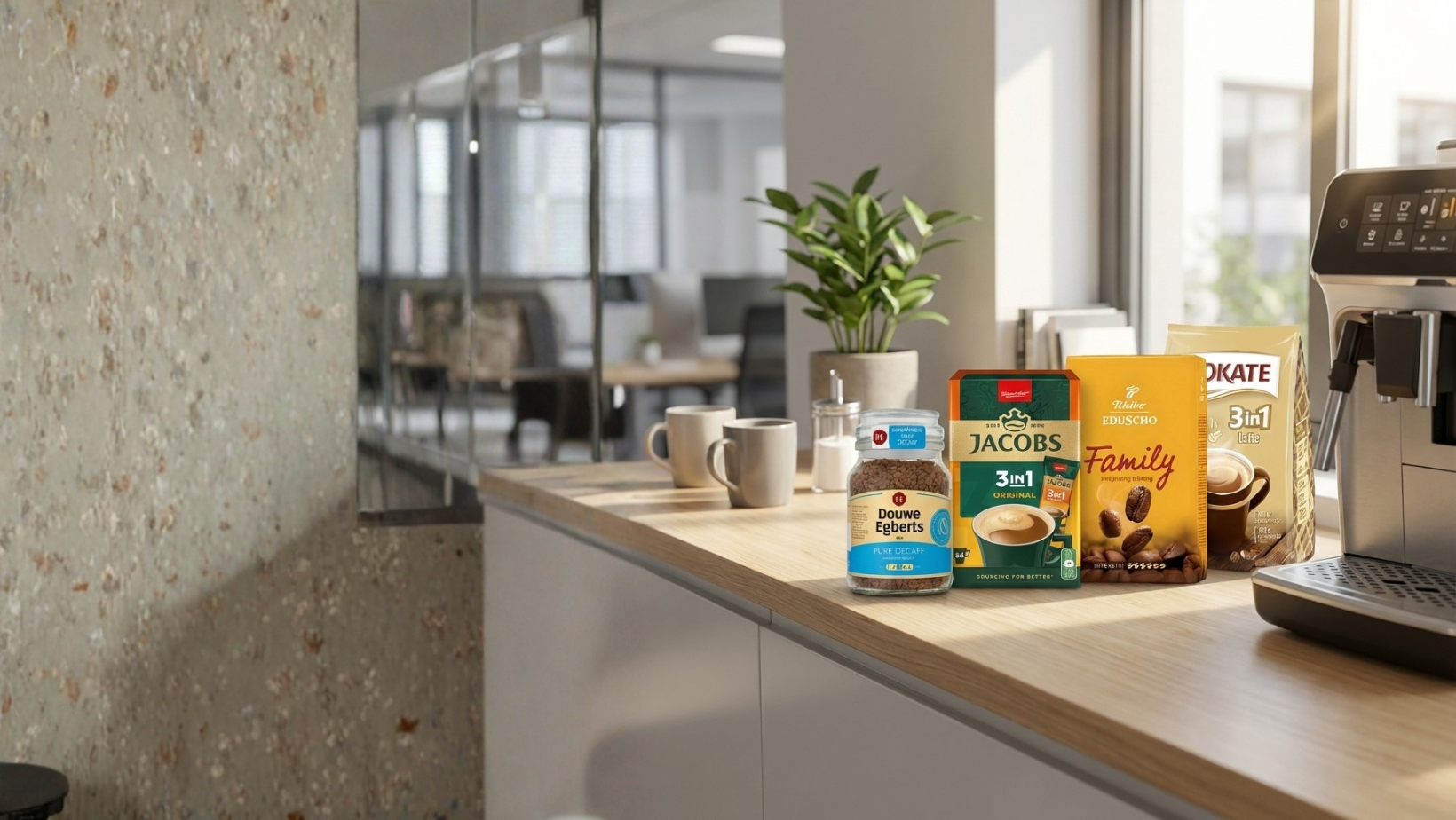 Coffee packaging on a counter with a coffee machine in an office setting