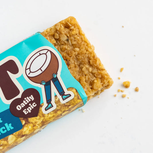 Oat bar with blue packaging featuring 'Oatily Epic' text on a white background