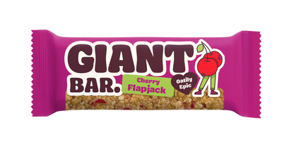 Giant Bar Cherry Flapjack packaging with a pink background