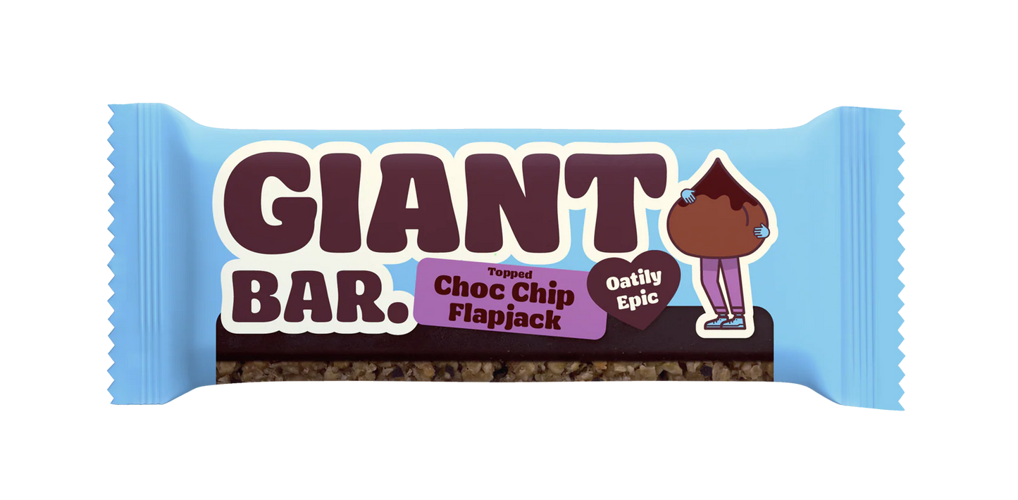 Giant Bar Choc Chip Flapjack packaging with blue and brown design