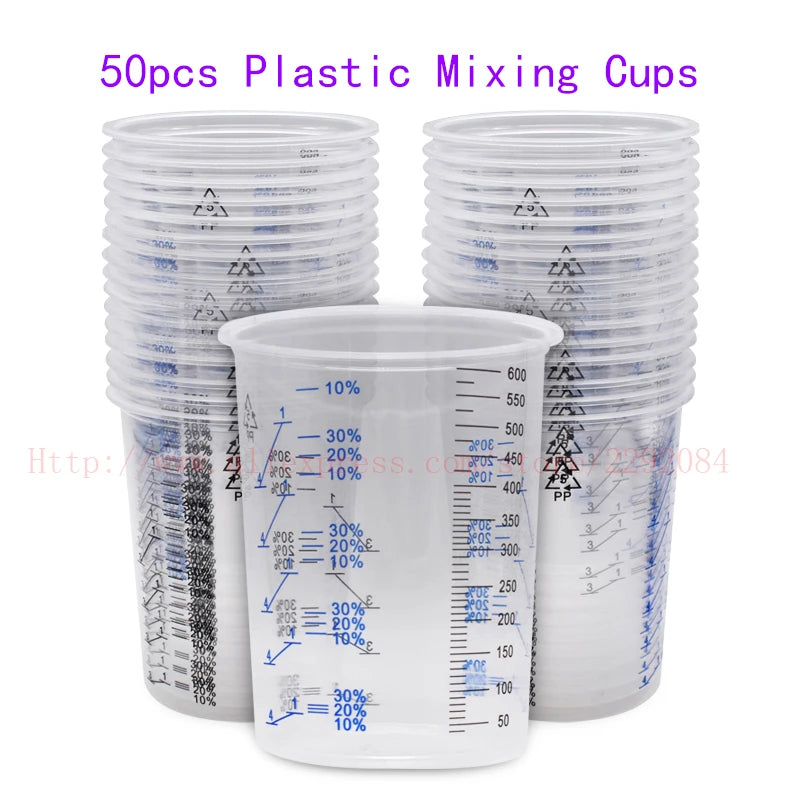 50 plastic mixing cups with measurement markings on a white background