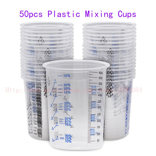 50 plastic mixing cups with measurement markings on a white background