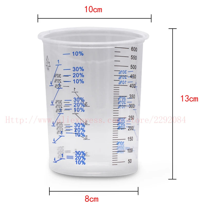 White beaker with measurement markings and dimensions on a white background