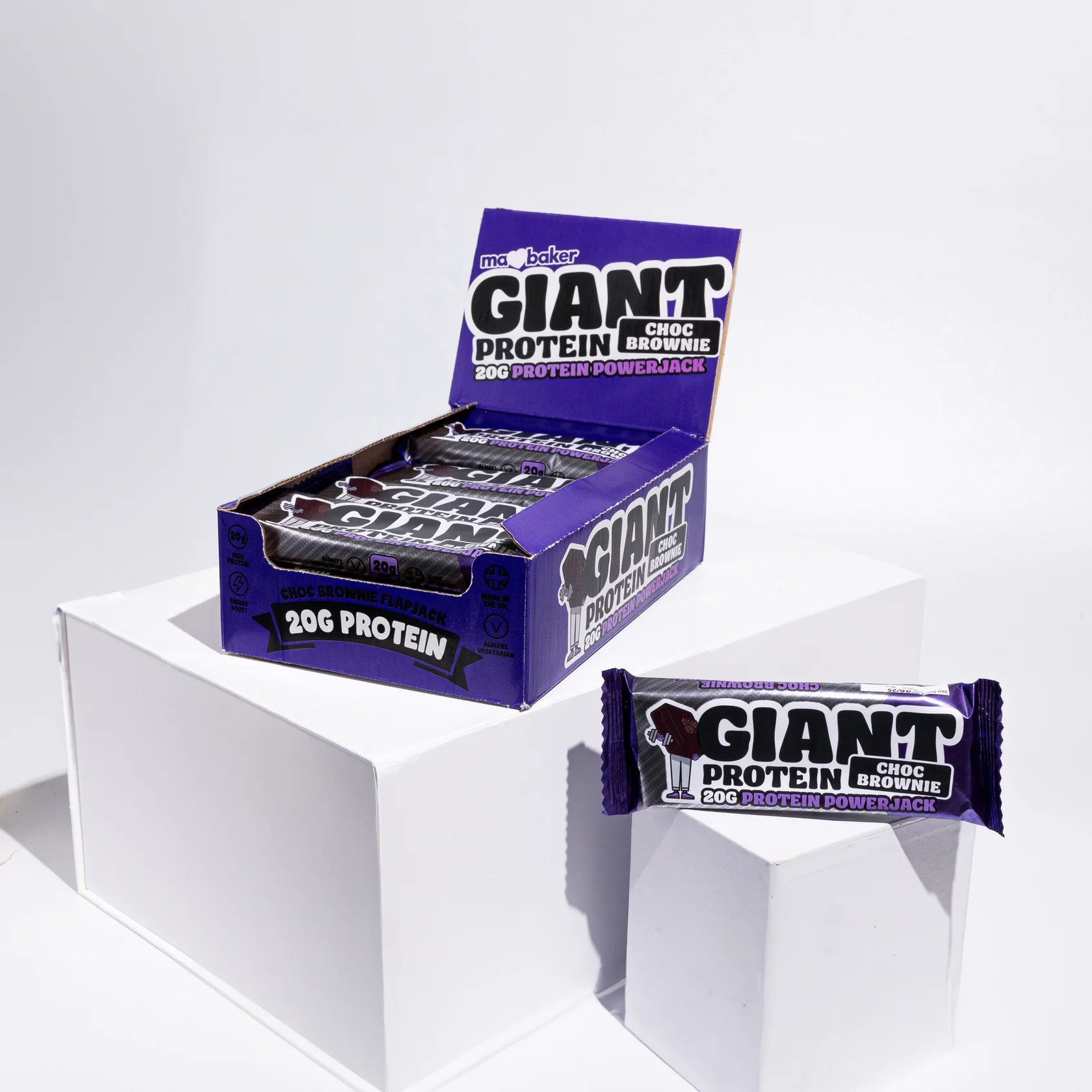 Box of Giant Protein Choc Brownie bars on a white background