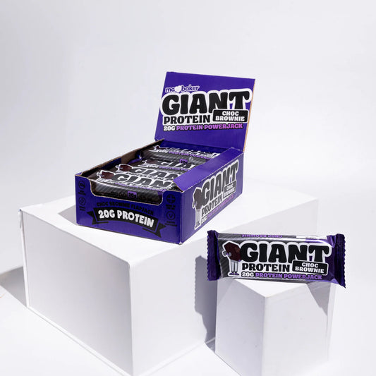Box of Giant Protein Choc Brownie bars on a white background