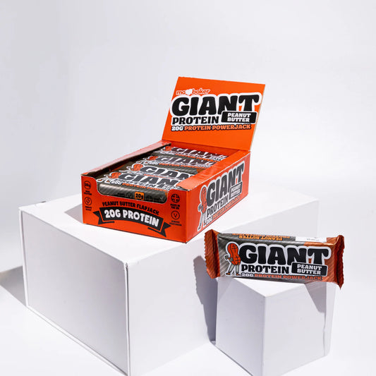 Box of Giant Protein Peanut Butter Powerbars on a white background