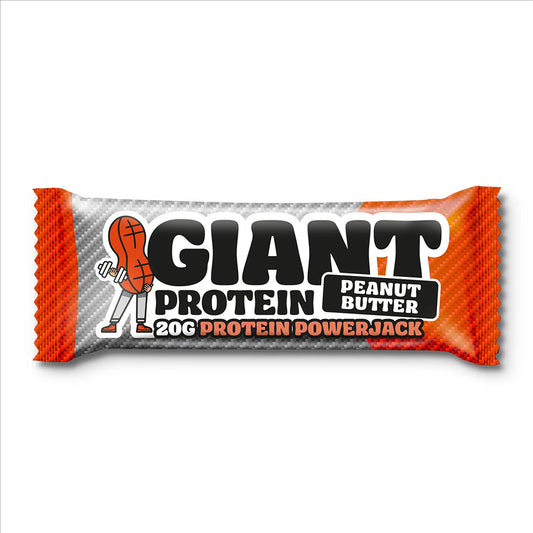 Protein bar packaging with 'Giant Protein' branding on a white background