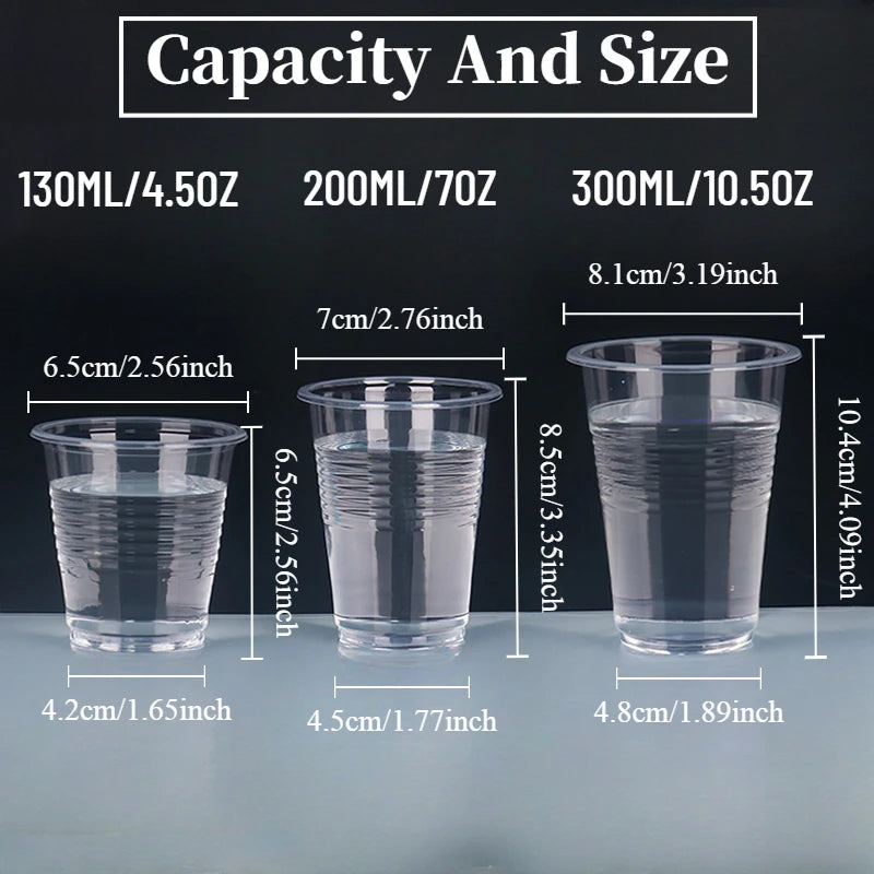Three clear plastic cups with measurements on a black background