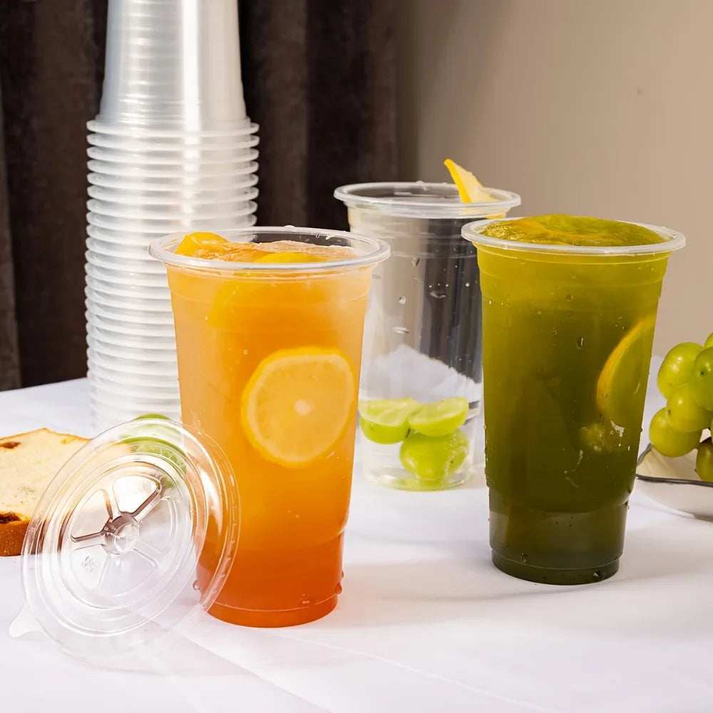 50PCS Disposable Plastic Cups with Lids for Ice Coffee Cold Drinks