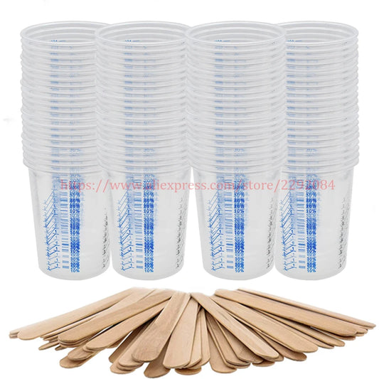 Stacks of clear plastic cups with blue markings and a set of wooden spoons on a white background.