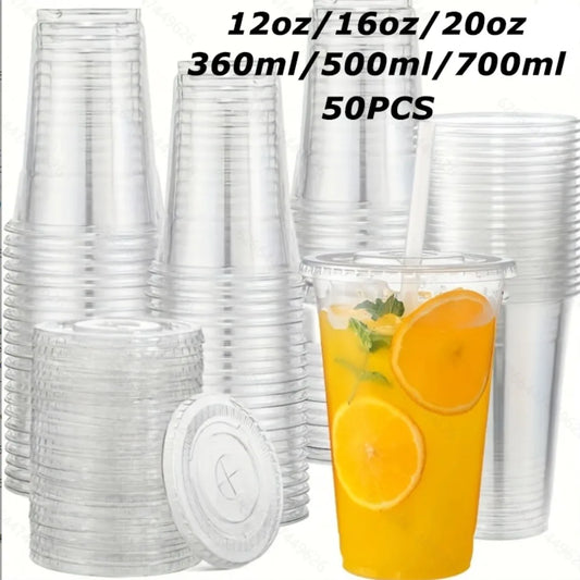 50PCS Disposable Plastic Cups with Lids for Ice Coffee Cold Drinks