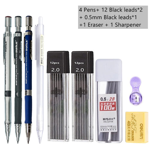 Mechanical Pencil Set 2.0 mm with 2B Black/Colors Lead Refill For