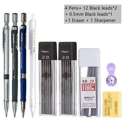 Mechanical Pencil Set 2.0 mm with 2B Black/Colors Lead Refill For