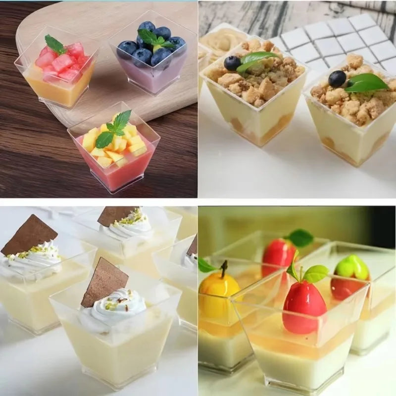 Collage of various small dessert cups with different fillings on a wooden surface.