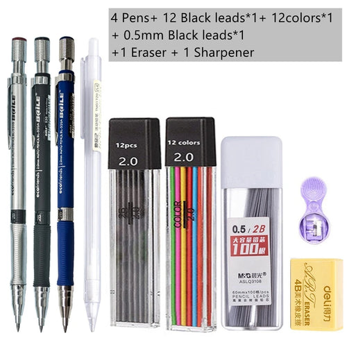 Mechanical Pencil Set 2.0 mm with 2B Black/Colors Lead Refill For