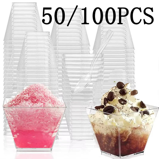 Clear plastic dessert cups with two sample desserts on a white background, labeled 50/100 PCS.