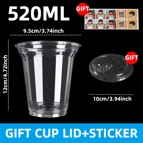 Clear plastic cup with lid and dimensions on a black background