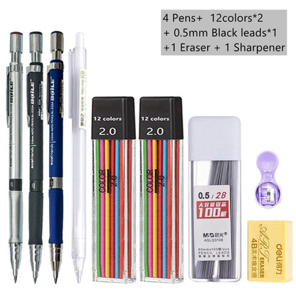 Mechanical Pencil Set 2.0 mm with 2B Black/Colors Lead Refill For