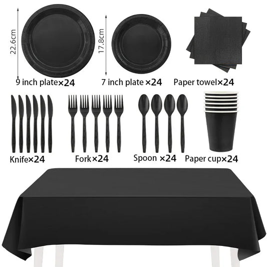 Solid Black Theme Tableware Party Disposable Cutlery Paper