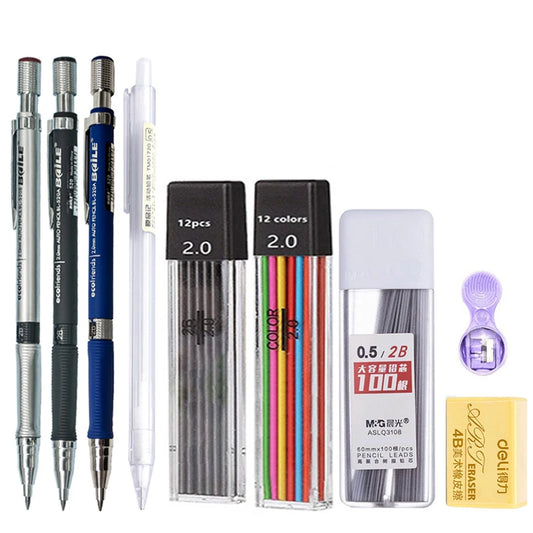 Mechanical Pencil Set 2.0 mm with 2B Black/Colors Lead Refill For