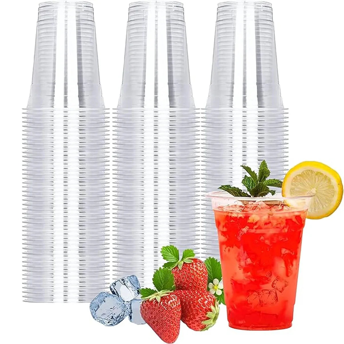 Stacks of clear plastic cups with a red cocktail garnished with strawberries and a lemon slice.