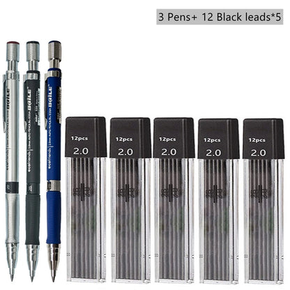 Mechanical Pencil Set 2.0 mm with 2B Black/Colors Lead Refill For
