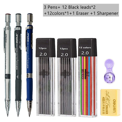 Mechanical Pencil Set 2.0 mm with 2B Black/Colors Lead Refill For