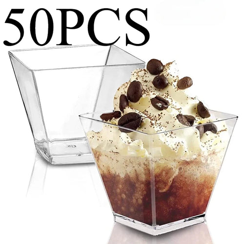 Clear plastic dessert cups with a dessert topped with whipped cream and chocolate chips, labeled '50PCS'.