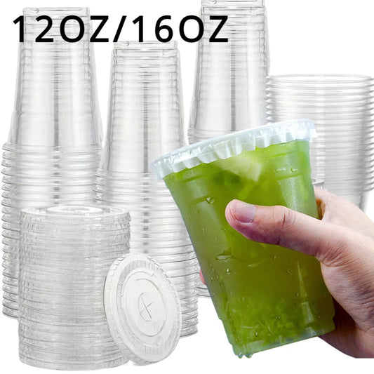 50PCS Transparent Milk Tea Cups with Lids Disposable Plastic Cups