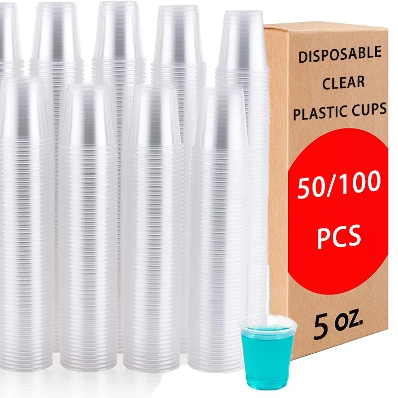 Disposable clear plastic cups with a cardboard box labeled '50/100 PCS' and '5 oz.'
