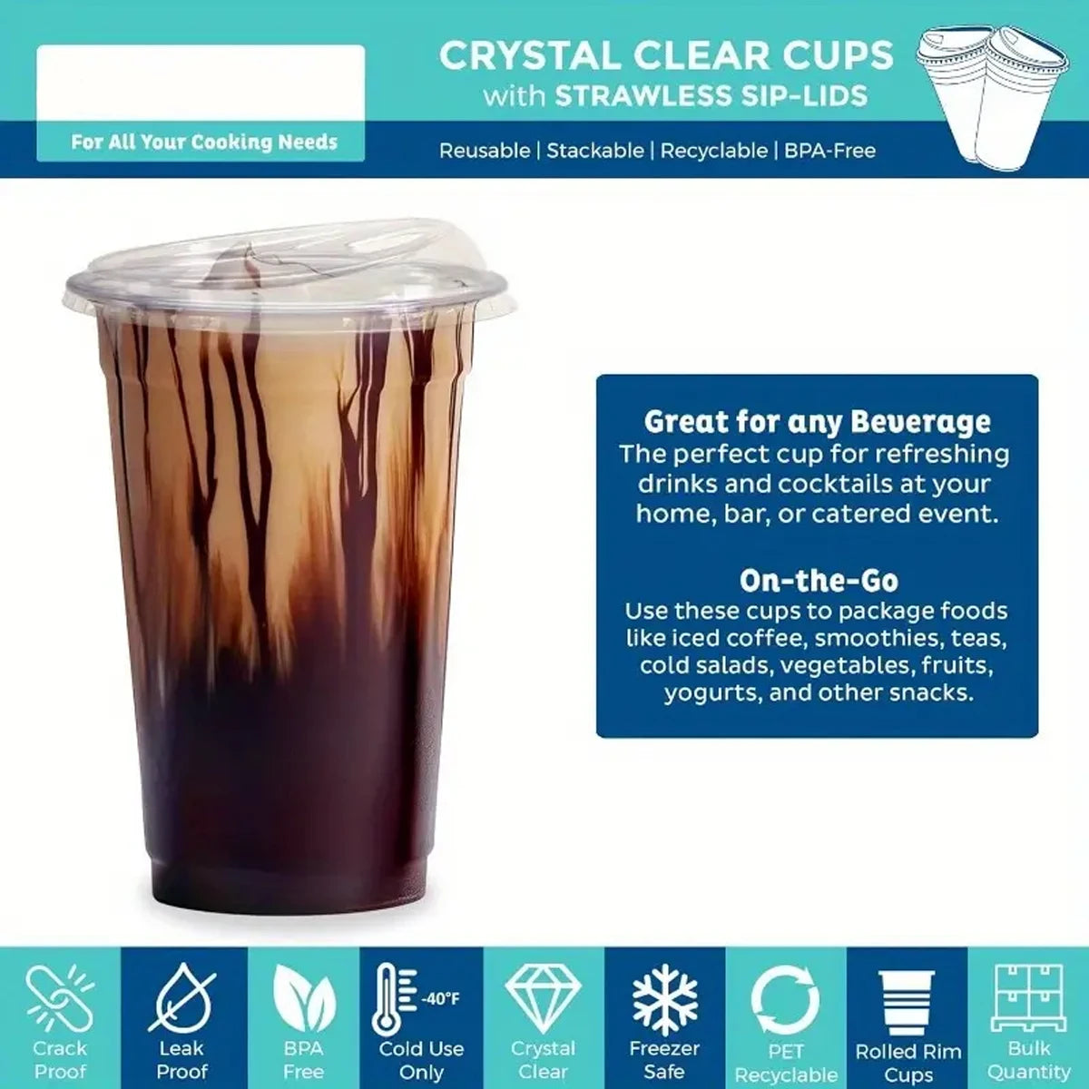 Reusable cup with strawless sip-lid filled with a beverage on a white background