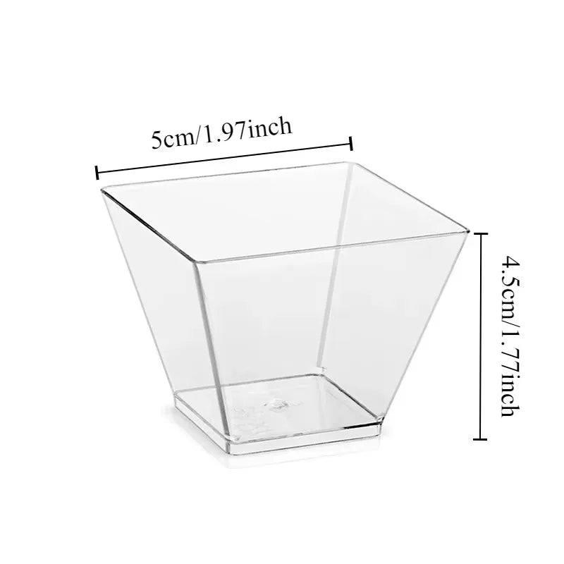 Clear geometric container with dimensions on a white background