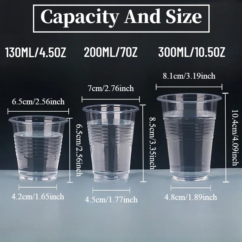 Three clear plastic cups with measurements for capacity and size on a black background