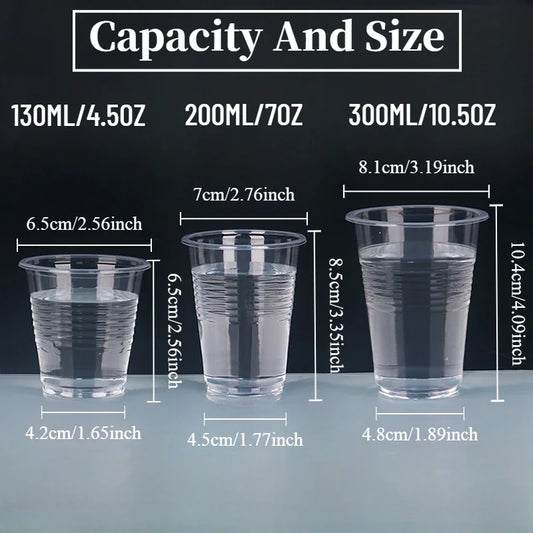 Three clear plastic cups with measurements for capacity and size on a black background