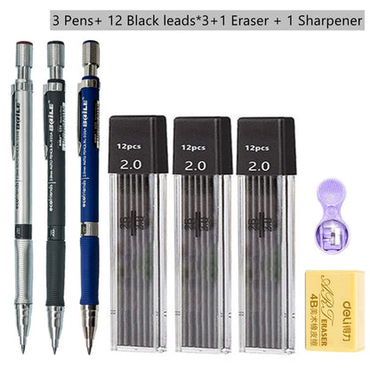 Mechanical Pencil Set 2.0 mm with 2B Black/Colors Lead Refill For