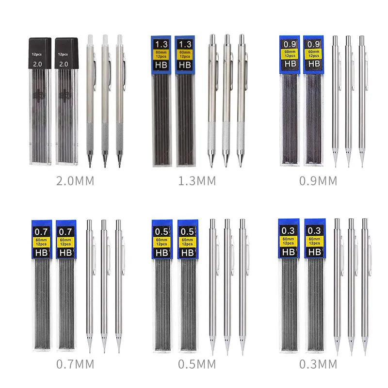 Full Metal Mechanical Pencil Set – 0.3 to 2.0mm Precision Drawing Tools for Art & Drafting