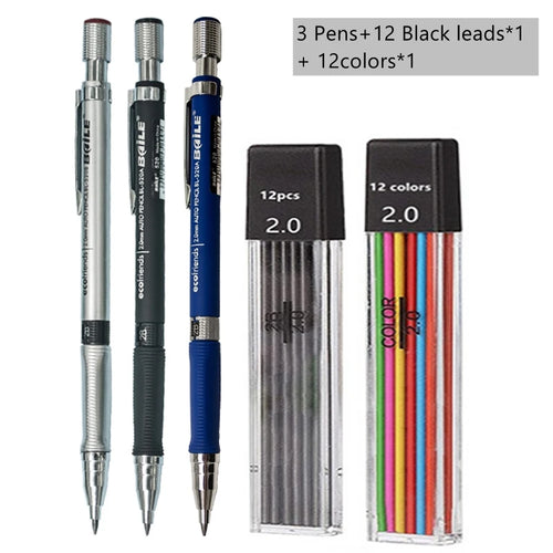 Mechanical Pencil Set 2.0 mm with 2B Black/Colors Lead Refill For