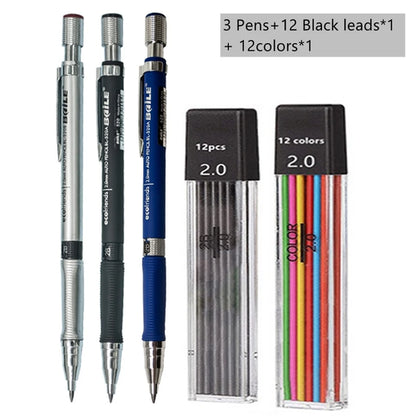 Mechanical Pencil Set 2.0 mm with 2B Black/Colors Lead Refill For
